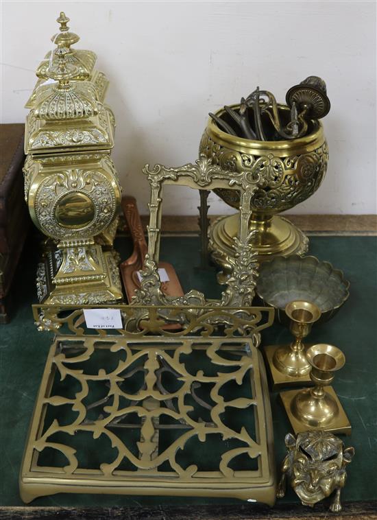 Two pairs of brass urns and one other